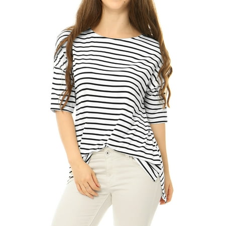 Women Half Sleeves High Low Hem Loose Striped Tunic