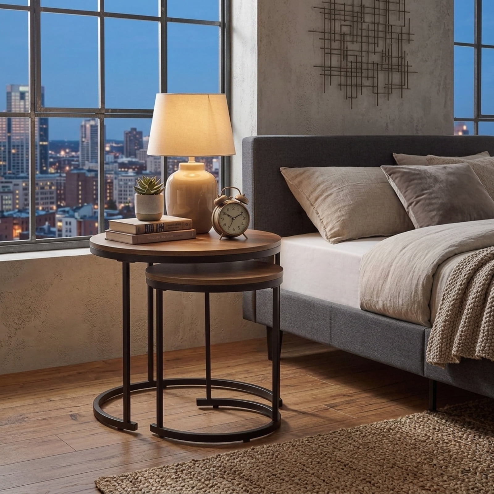 Furnibear Set of 2 Modern Round Stacking Nesting Coffee Tables with Steel Frame for Living Room and Bedroom, Light, Brown