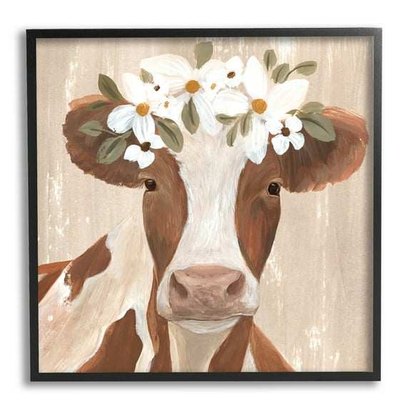 Rustic Cow Portrait Flower Blossoms Animals & Insects Graphic Art Black Framed Art Print Wall Art