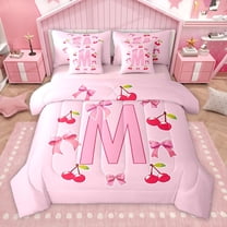 Homewish Bow Bowknot Ribbon 7-Piece Twin Bedding Sets,Red Sweet Cherry Bedding Comforter Set,Pink First Letter M Sheet Sets For Girls,Super Cozy Room Decor Reversible