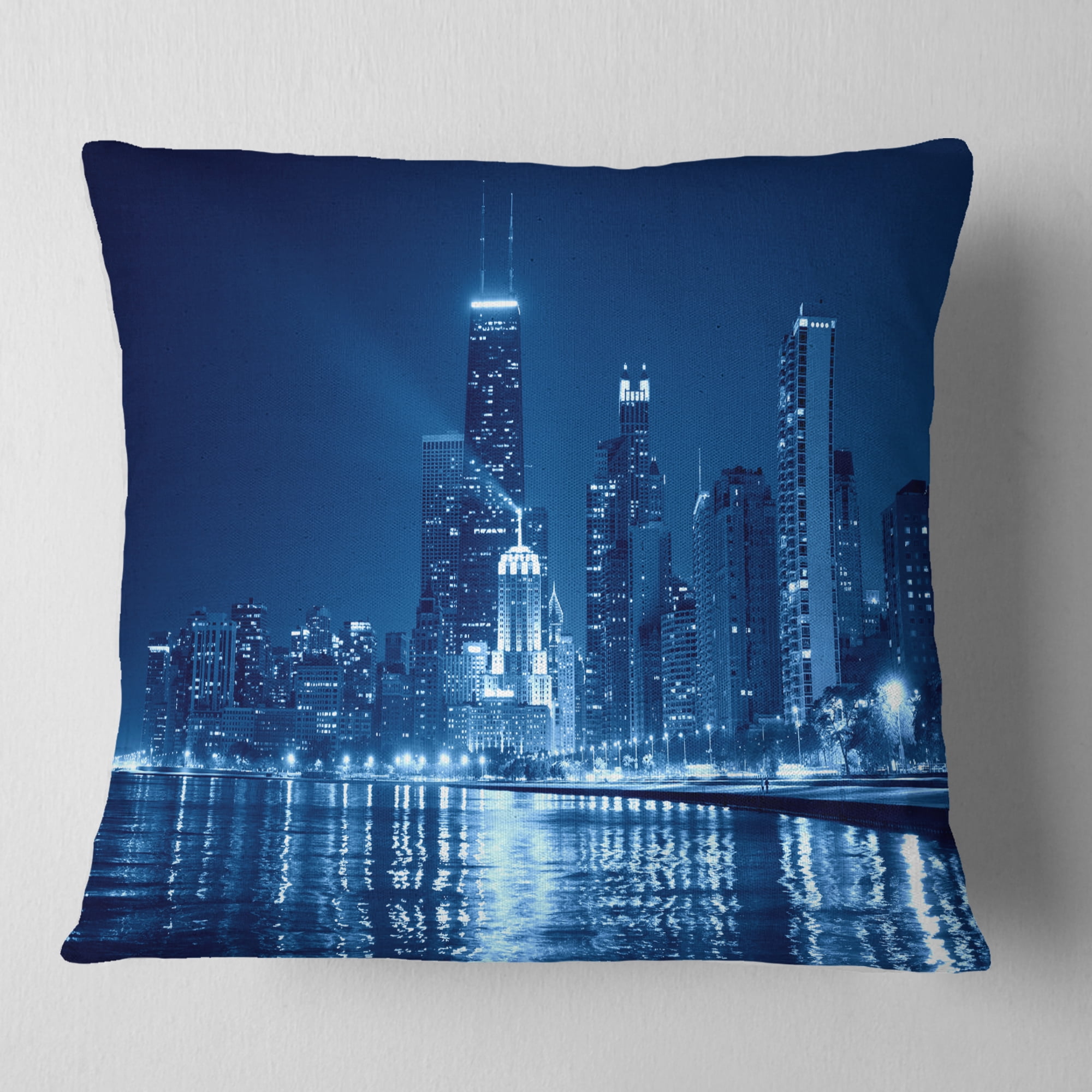 Designart Blue Chicago Skyline Night - Cityscape Photo Throw Pillow - 16x16