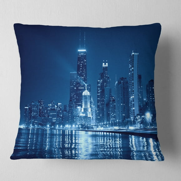 Blue Chicago Skyline Night - Cityscape Photo Throw Pillow - 16x16