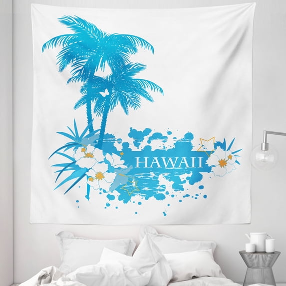 Tropical Tapestry, Palm Trees Tropical Plants Flowers and Butterflies Silhouette Monochrome Art, Fabric Wall Hanging Decor for Bedroom Living Room Dorm, 5 Sizes, Aqua White, by Ambesonne
