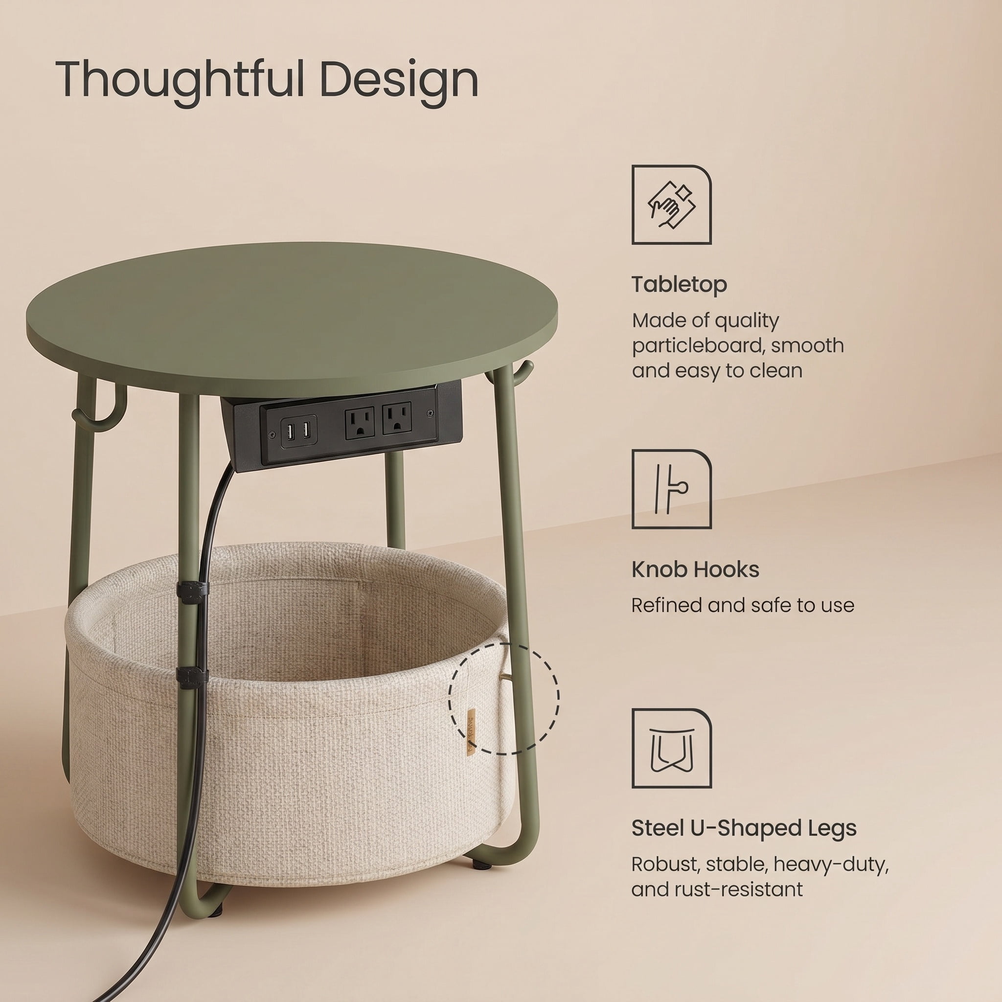 Nordic Hygge 17.7 in. Round Side Table with Charging Station and Storage Basket, Forest Green/Cream White