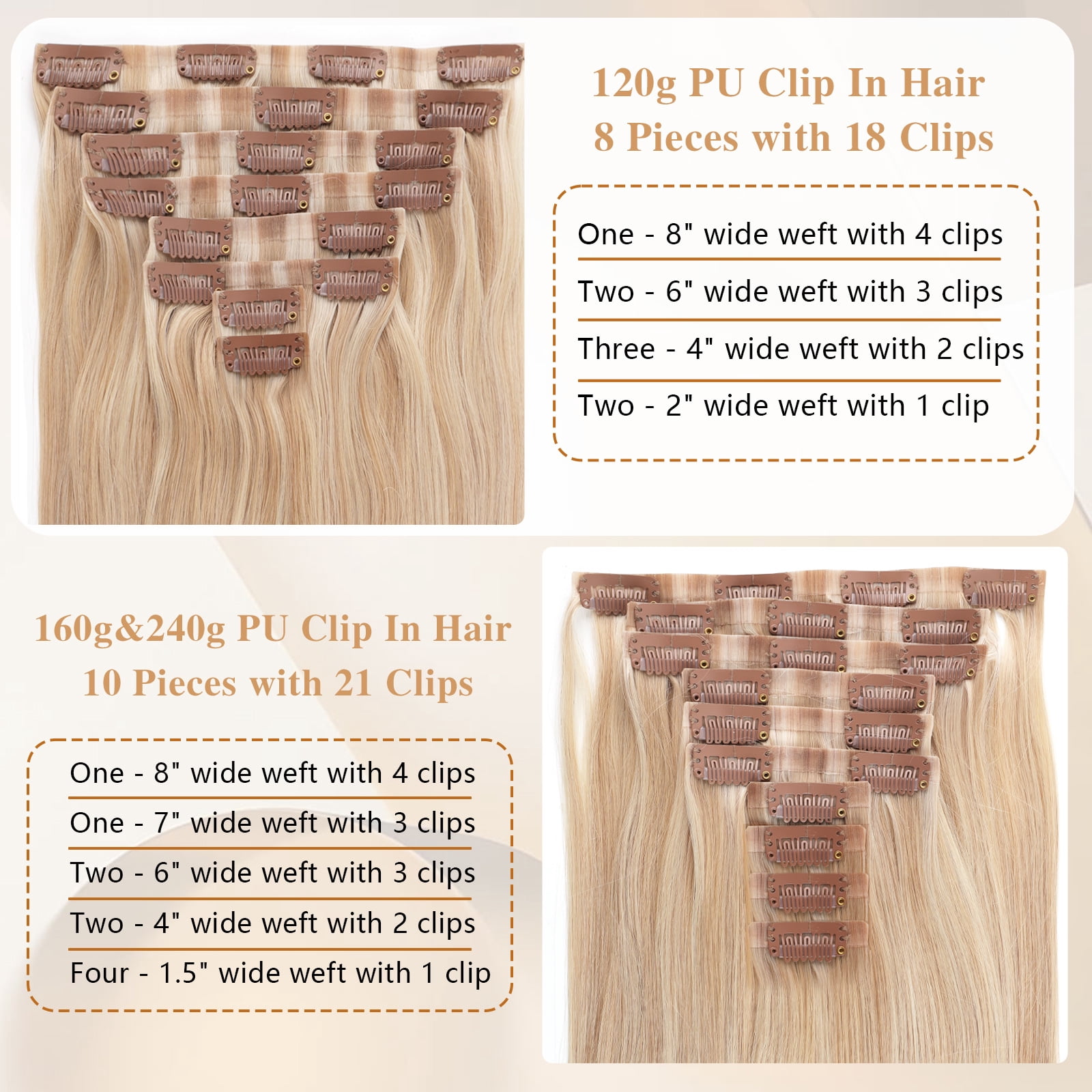 PU Clip In Hair Extensions P18A/60A# 160g 18inch
