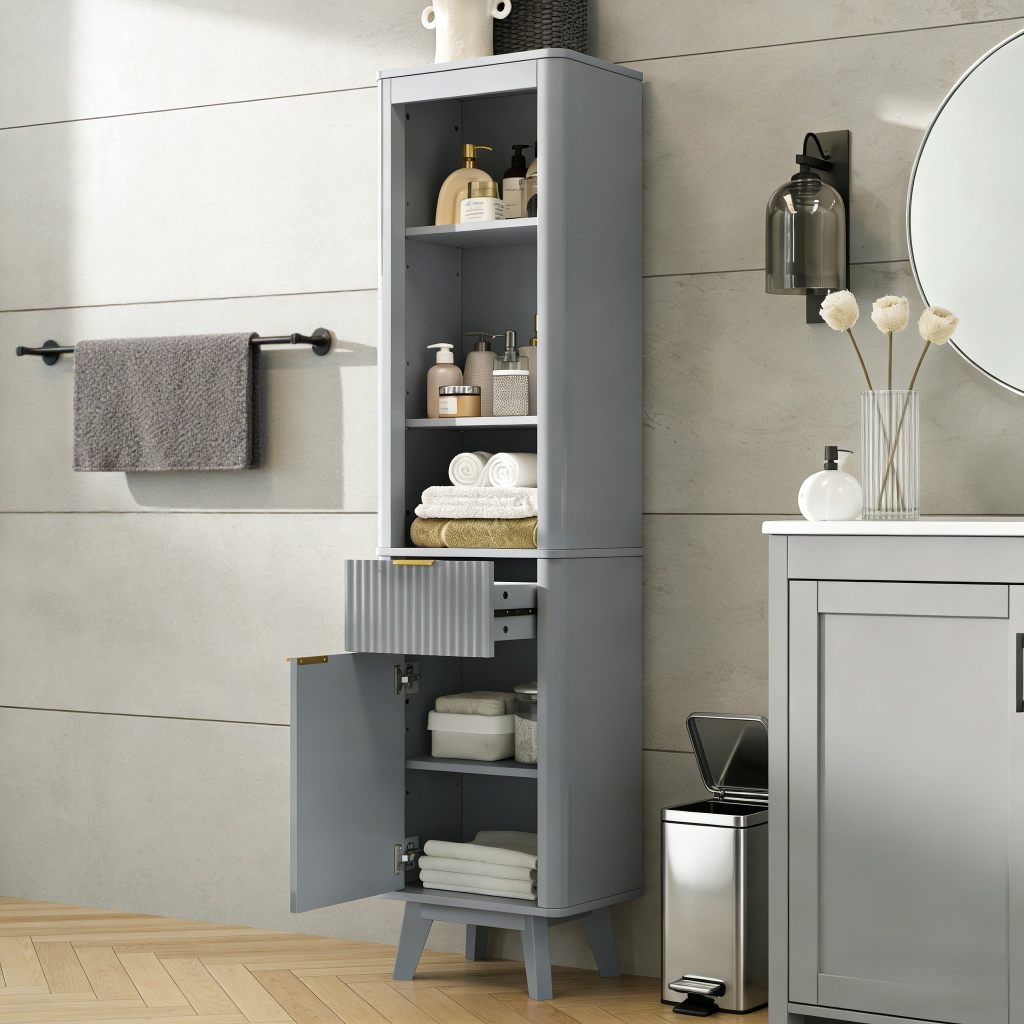 Leumius 68" H Tall Bathroom Storage Cabinet with Adjustable Shelves,One Drawer & Door, Storage Cabinet for Bathroom, Living Room, Entryway,Gray
