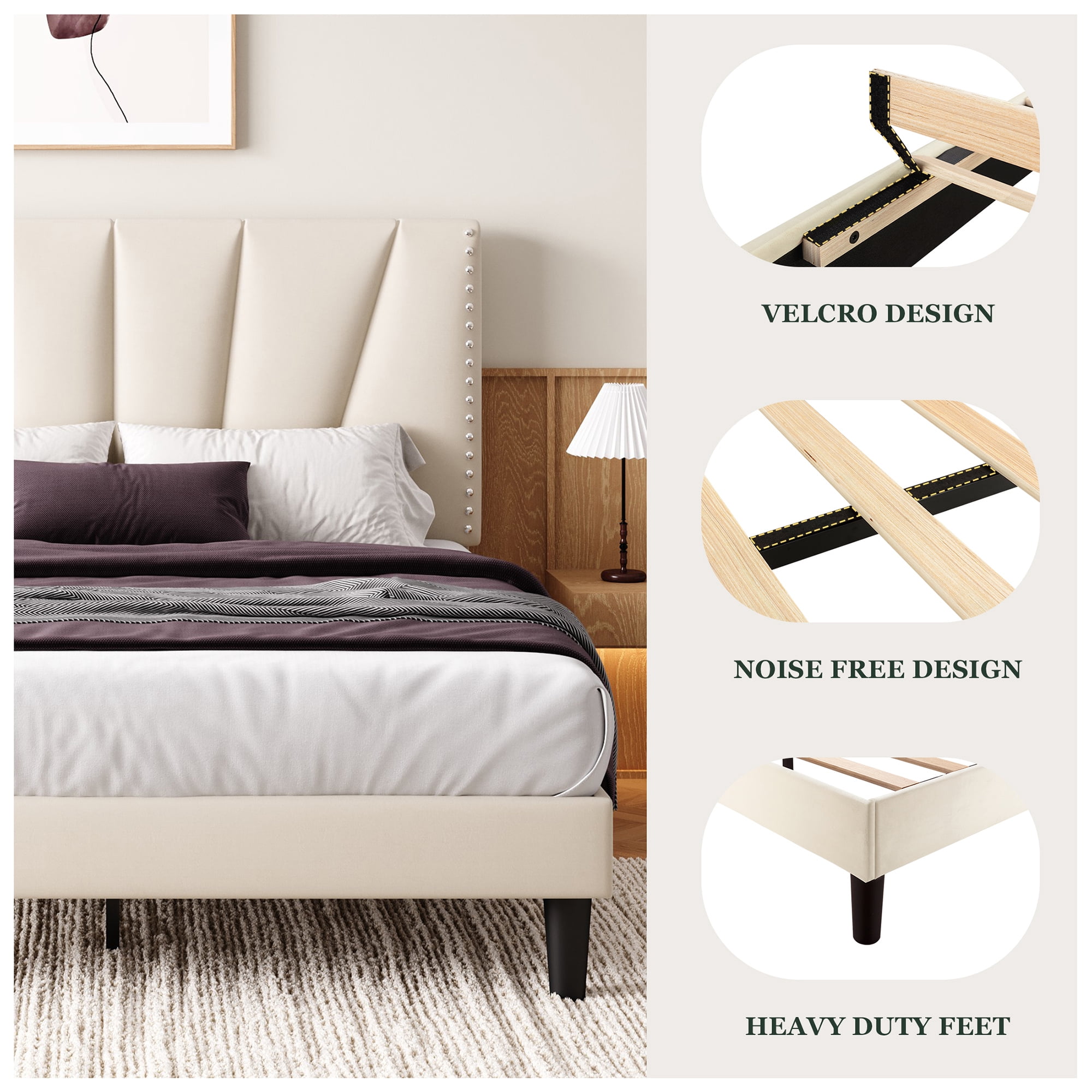 Einfach Queen Size Premium Velvet Upholstered Platform Bed Frame with Adjustable Headboard,Under-Bed Storage,Heavy-Duty Metal Support, Noise-Free Slats, Cream