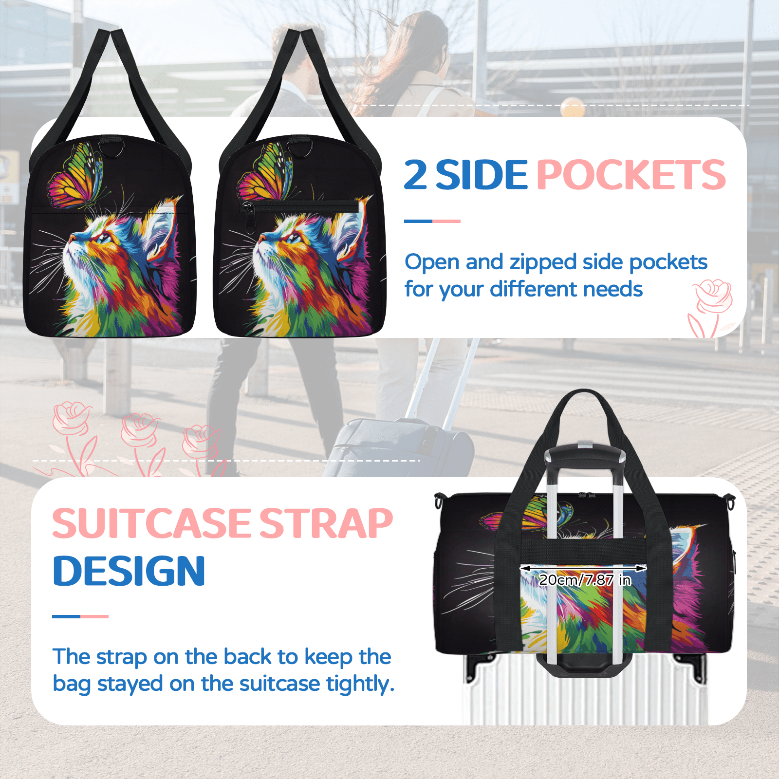 Herdesigns Cat Gym Bag for Women, Butterfly Duffle Bag for Travel Sport, Lightweight Waterproof Carry on Weekender Overnight Dance Yoga Workout Bags