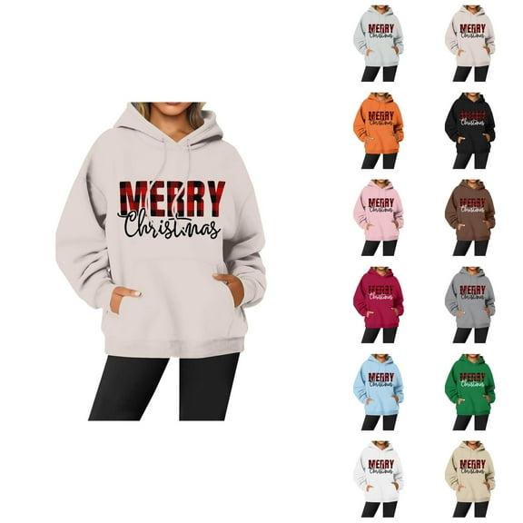 Merry Christmas Hoodies for Women 2025 Fall Winter Long Sleeve Graphic Hooded Sweatshirt with Pockets Pullover Tops