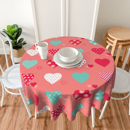 TEQUAN 60" Round Tablecloth, Pink Cute Hearts Pattern Washable Polyester Table Cloth, Waterproof Wrinkle Resistant Decorative Table Cover