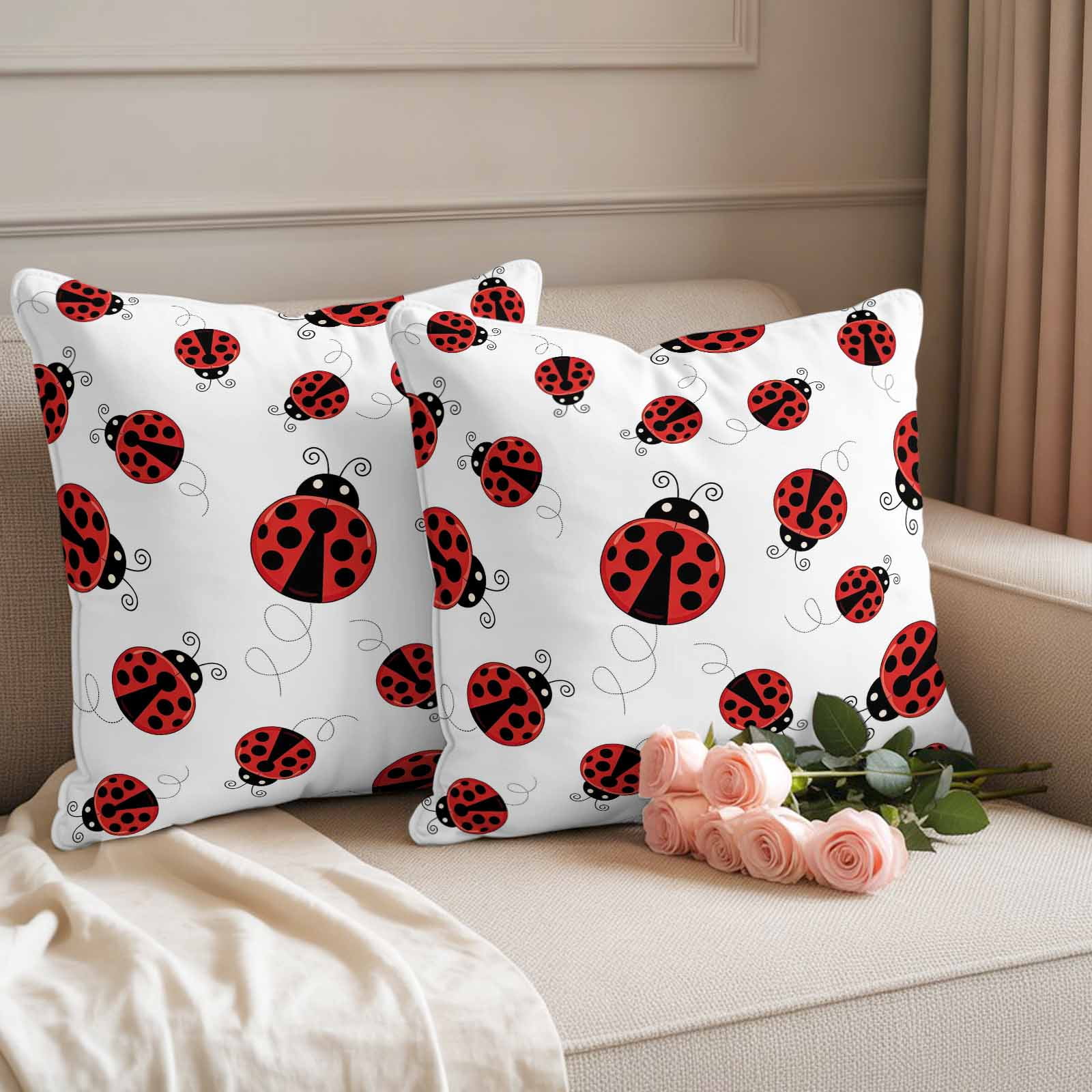 Outdoor Throw Pillows Covers 16x16inx2 Set Of 2 Waterproof Red Ladybug Decorative Zippered Cushion Covers for Patio Furniture, Red Black Polka Dot Lumbar Pillowcases,