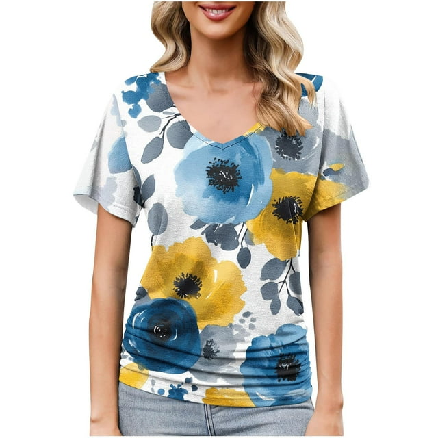 Économies en Liquidation! BEFOKA Hauts Grande Taille pour Femmes en Liquidation, Blouse Décontractée d'Été T-shirt pour Femmes, Blouse Décontractée à Manches Courtes Imprimée Col en V T-shirt Froncé Floral Décontracté Féminin