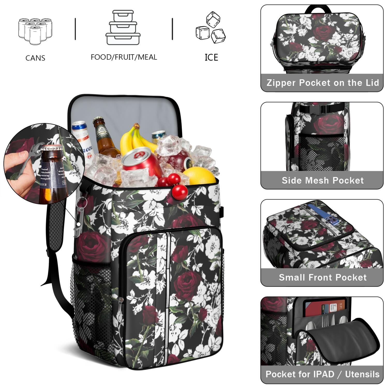 Travel Cooler Bag - Pioneer Flower Floral Print Pattern Camping Beer Cooler Backpack with Bottle Opener- Waterproof Insulated Picnic Backpacks - Cooler Bag for Beach
