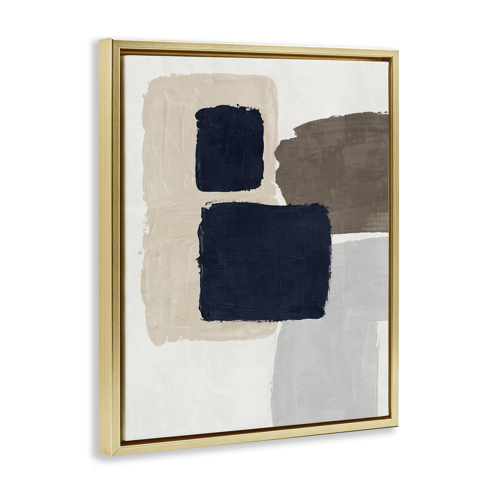 Stupell Industries Navy Blocked Shapes Abstract Painting Gold Floater Framed Canvas Art Print Wall Art, 25 x 31