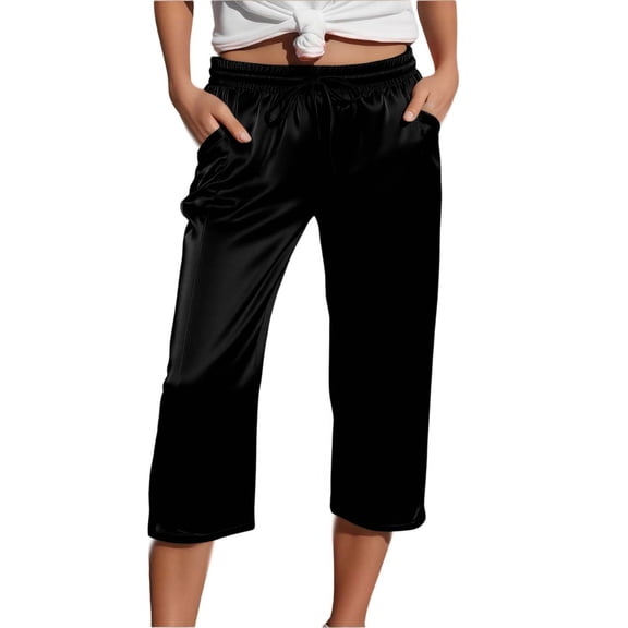 Aihuaihua Womens Satin Capri Pants Summer Wide Leg Pants Casual High Waist Elastic Cropped Trousers Beach Vacation Clothes Black L