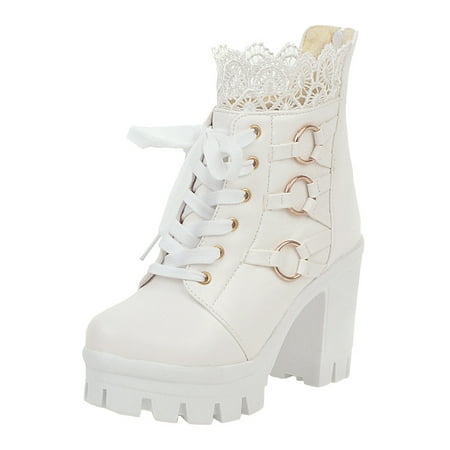

Mepaouo Dressy Boots for Women Round Toe Lace-Up Combat Boots High Top Lace Heel Walking Boot