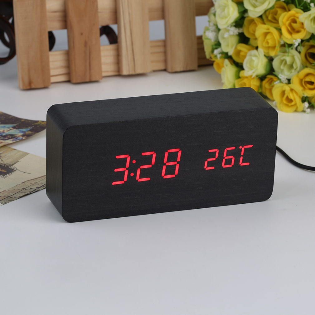 Large Size LED Wooden Alarm Clocks with Thermometer Rectangle Table Clocks Big Numbers Digital