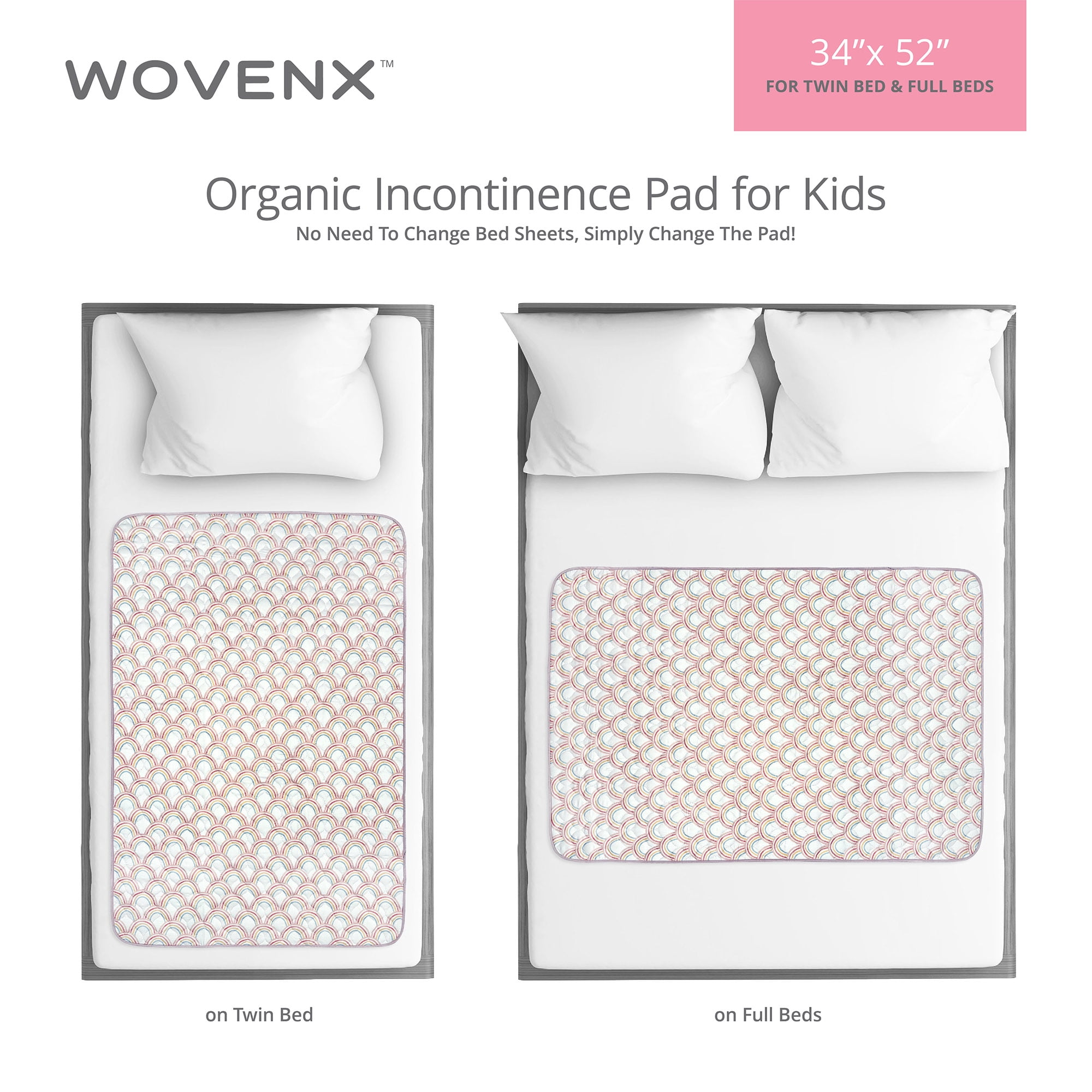 WOVENX Organic Incontinence Pads for Kids & Toddlers - 5 Layer Waterproof Protectors for Overnight Bed Wetting - Reusable & Washable Pee Pads - Fits Twin to Full Size Beds - 34" x 52" Rainbow