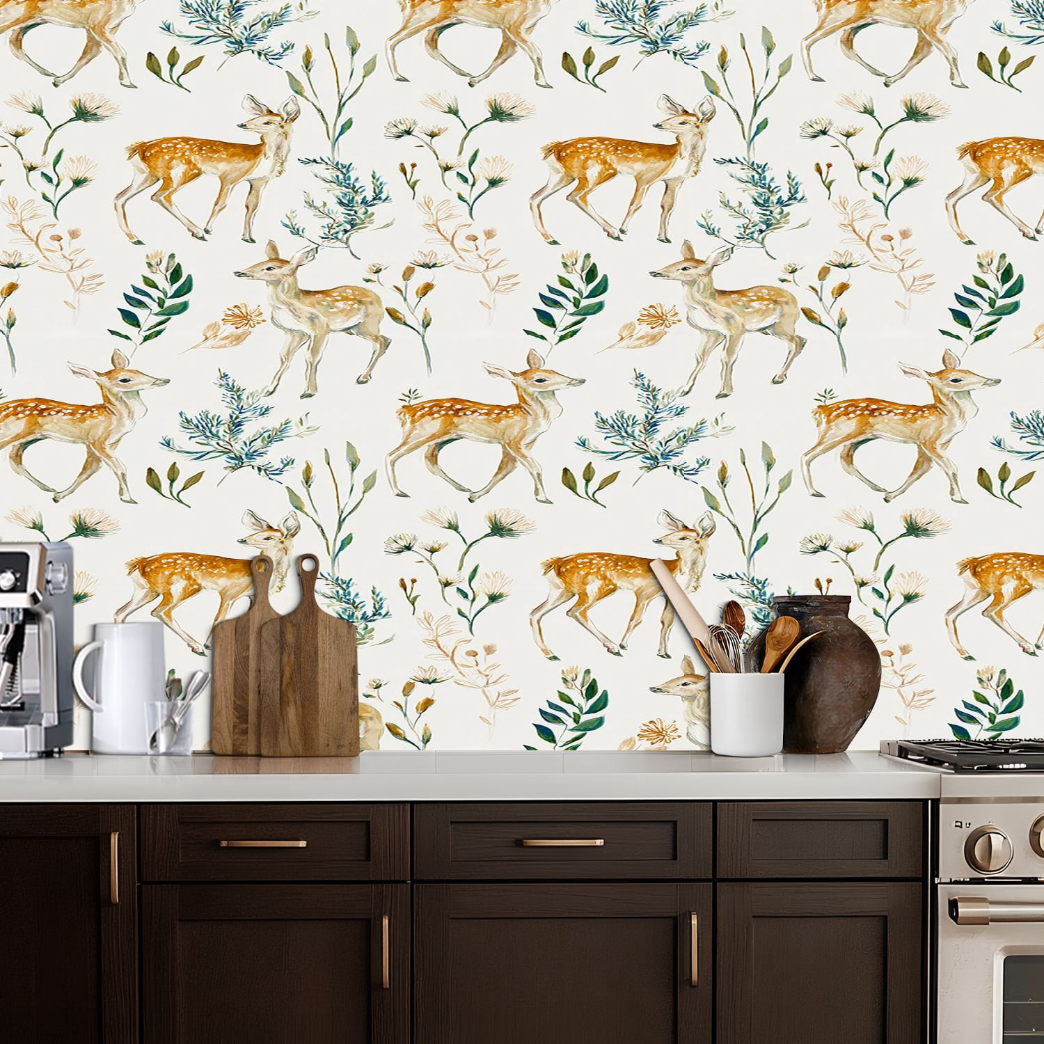 Peel and Stick Wallpaper Cute Baby Deer Wildflowers Watercolor Hunting Wildlife Wall Mural 17.7in x 9.8ft Self Adhesive Removable Wall Paper Renter Friendly Wallpaper for Nursery Bedroom Cabinets