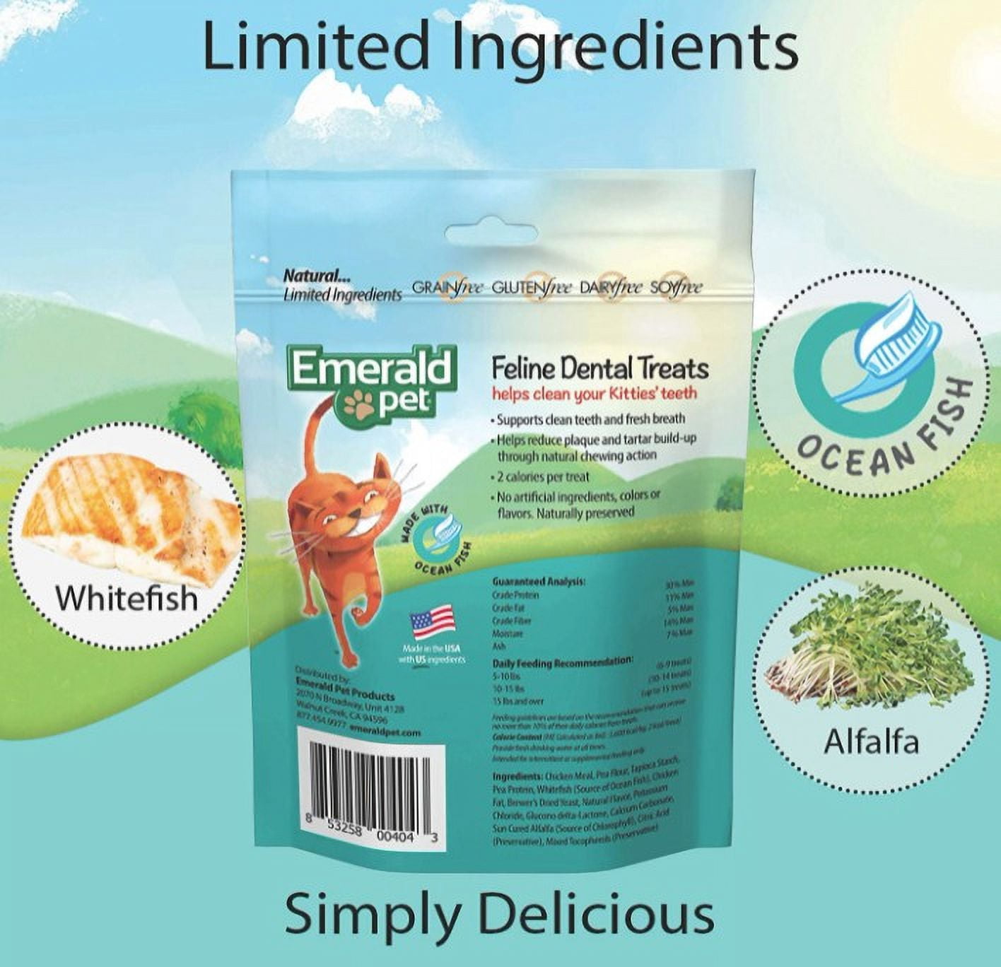 6 Pack Emerald Pet Feline Dental Treats Ocean Fish Flavor [Cat Dental Treats, Bulk Cat Supplies, Emerald Pet] 18 oz (6 x 3 oz)