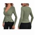 thumbnail image 3 of Camiseta de Larga Ajustada con Escote en V Profundo y Fruncido para Mujer Verde M, 3 of 5