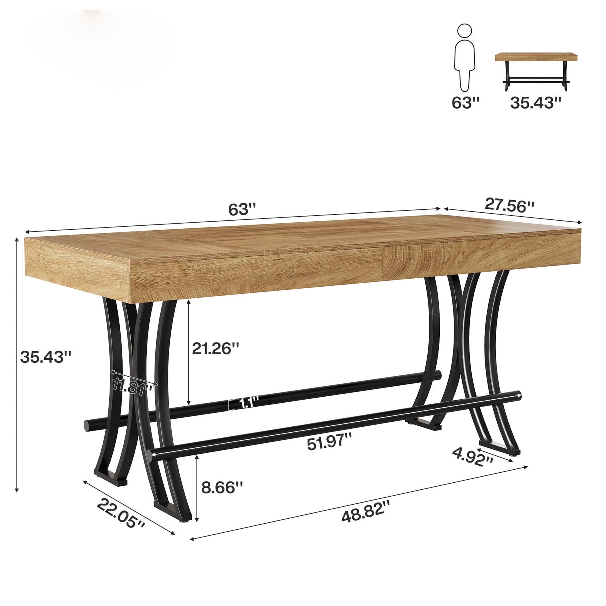 MAYEERTY 63" Industrial Farmhouse Counter Height Table, 6-8 Seater with Metal Footrest, Rustic Wood Grain MDF Top Kitchen Pub Table