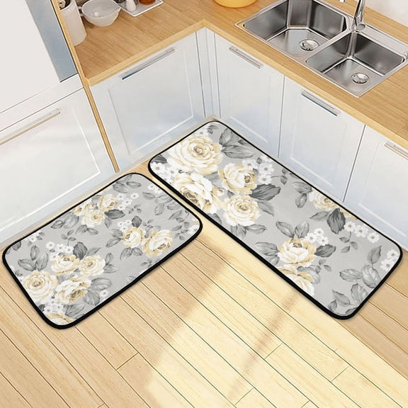 Yellow Flowers on Grey Kitchen Mats Set 2 Piece Non Slip Floor Foam Rugs Cushioned Soft Waterproof Carpet Runner for Dining Room Bathroom Laundry