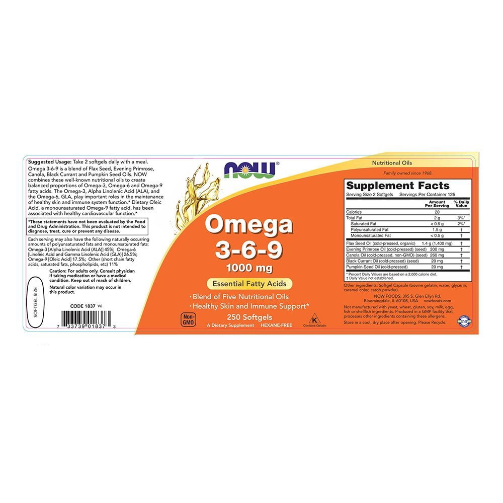 Now Foods - Omega 3 6 9 1000 mg 250 Softgels (Pack of 2)