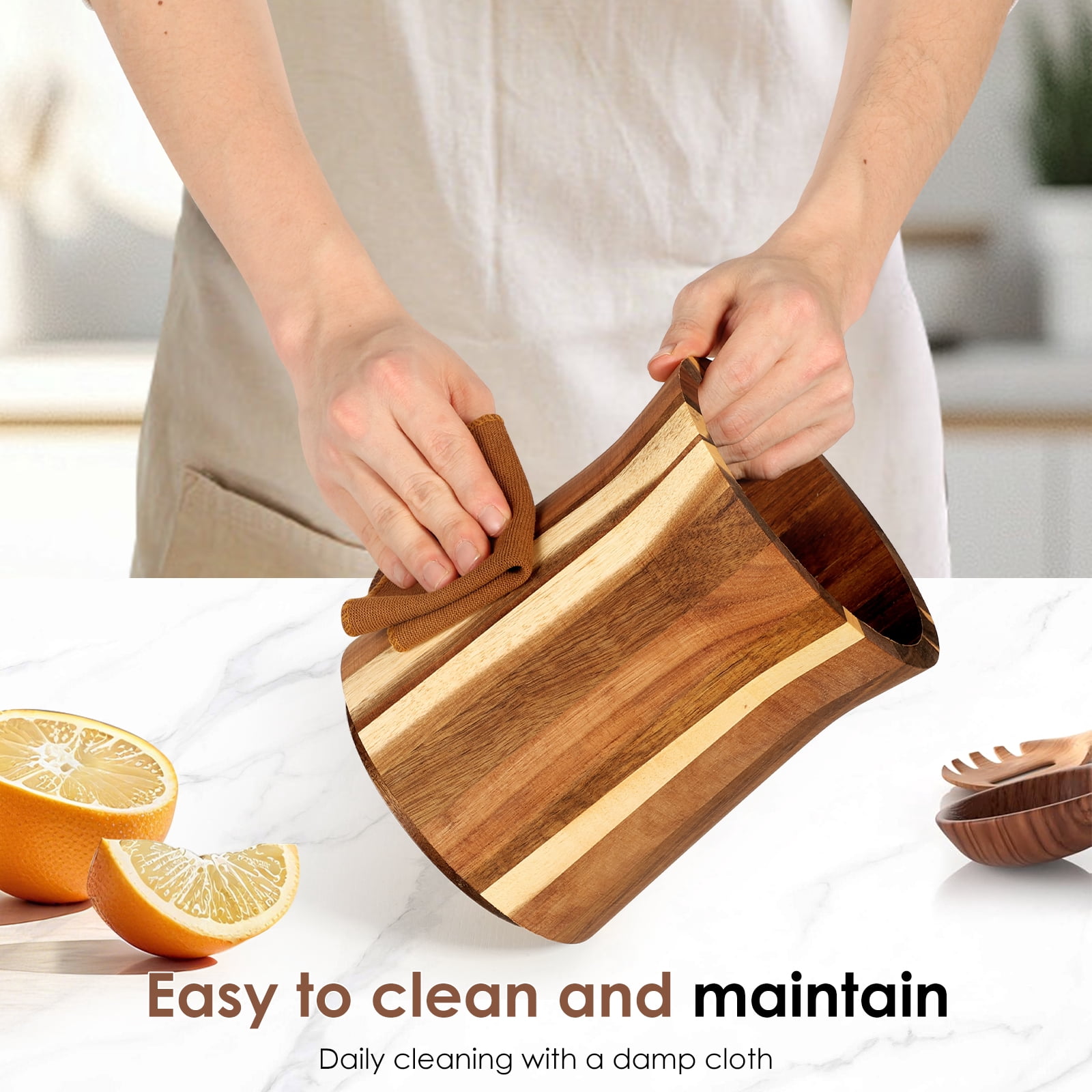 NUAHRHY 7.44" Utensil Holder, 360° Rotating Cooking Utensil Crock for Countertop, Acacia Wood Cooking Tool Organizer for Kitchen Counter Spatula Storage, Natural Kitchen Decor