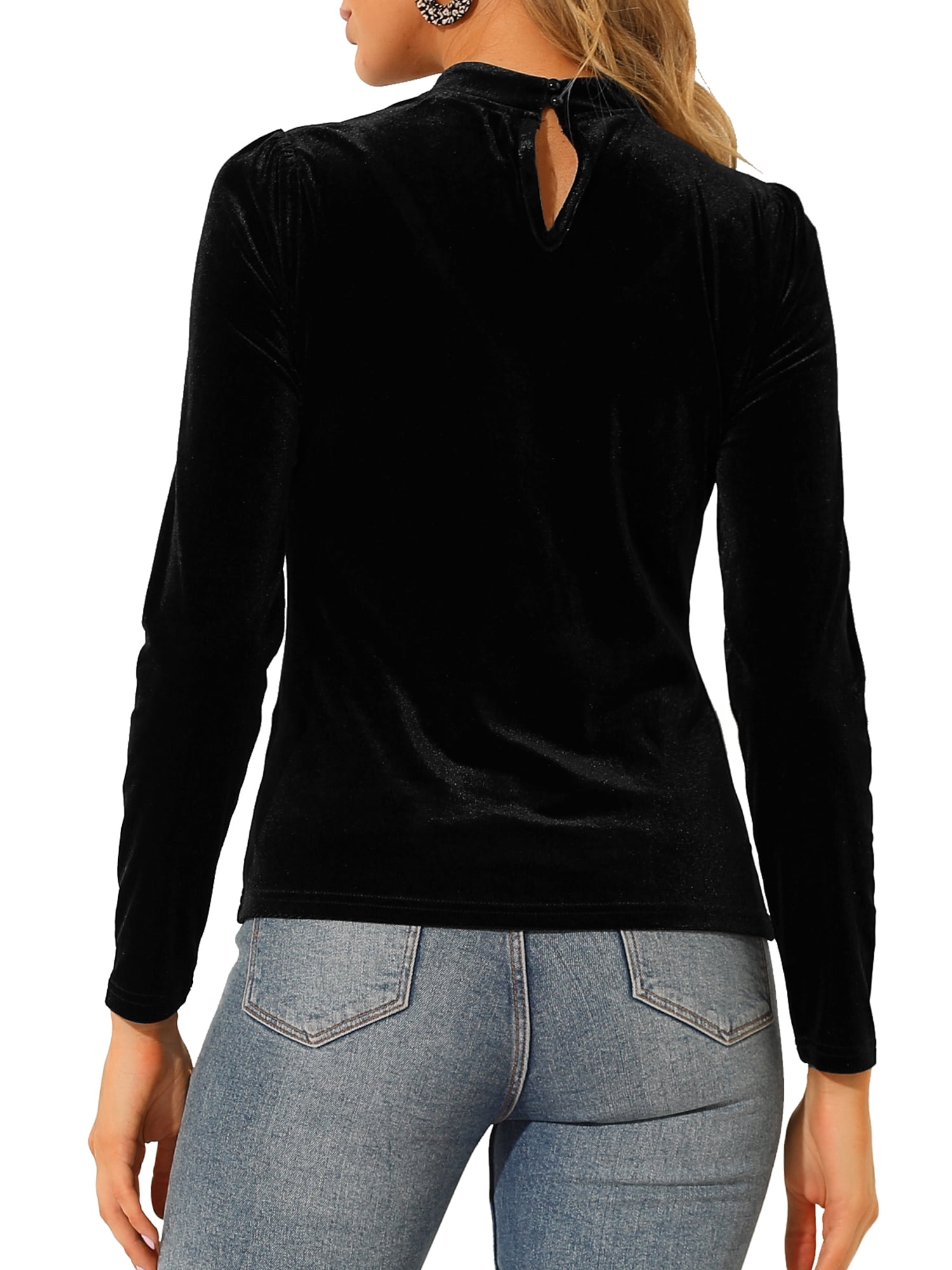 Unique Bargains Women's Mesh Panel Swiss Dot V-Cut Neck Patchwork Long Sleeve Top Black XL