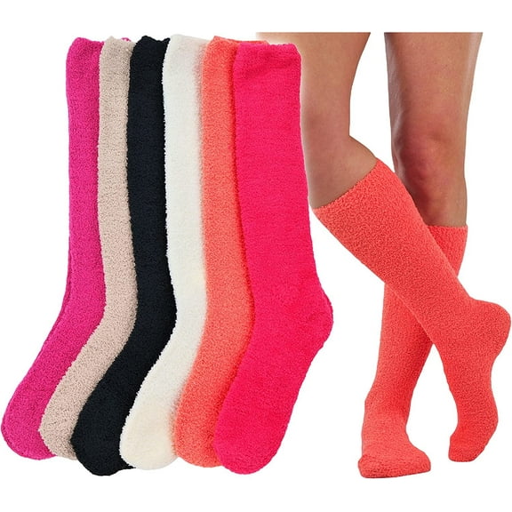 ToBeInStyle Women's Pack of 6 Soft & Cozy Fuzzy Fleece Plush Knee High Socks - Light Colors - One Size