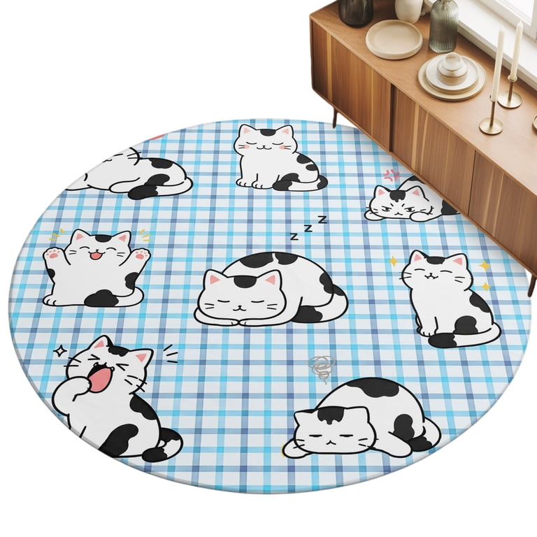 Playful Kitten 7' Round Rugs for Living Room Conversation Area