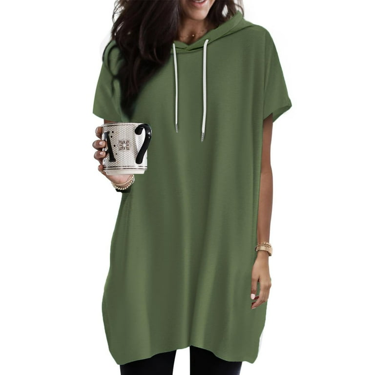 Hoodies for Women Oversized Fashion Short Sleeve Womens Hoodie Loose Solid Color Drawstring Round Neck Hoodie Green 2XL Walmart