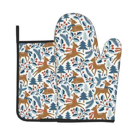 

Lukts winter Scarf deer Print Kitchen Heat-Resistant Gloves and Spacers 2pcs Set Suitable for Baking and Cooking