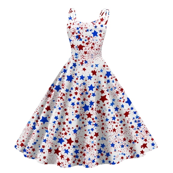 HAJWOH Women Independence Day Dresses 50s 60s Vintage Sleeveless Star and Stripe Print Cocktail Swing Dress Retro Patchwork Midi Evening Dress Blue XL