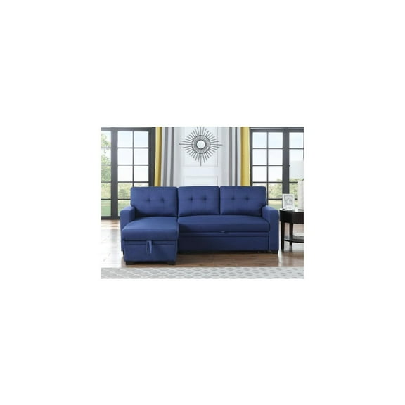 HomeStock City Chic L-Shaped Polyester Fabric Reversible, Easy Convertible Pull-Out Sleeper Sectional Sofa/Storage Chaise with Tufted Back Cushions and Track Arms-Blue
