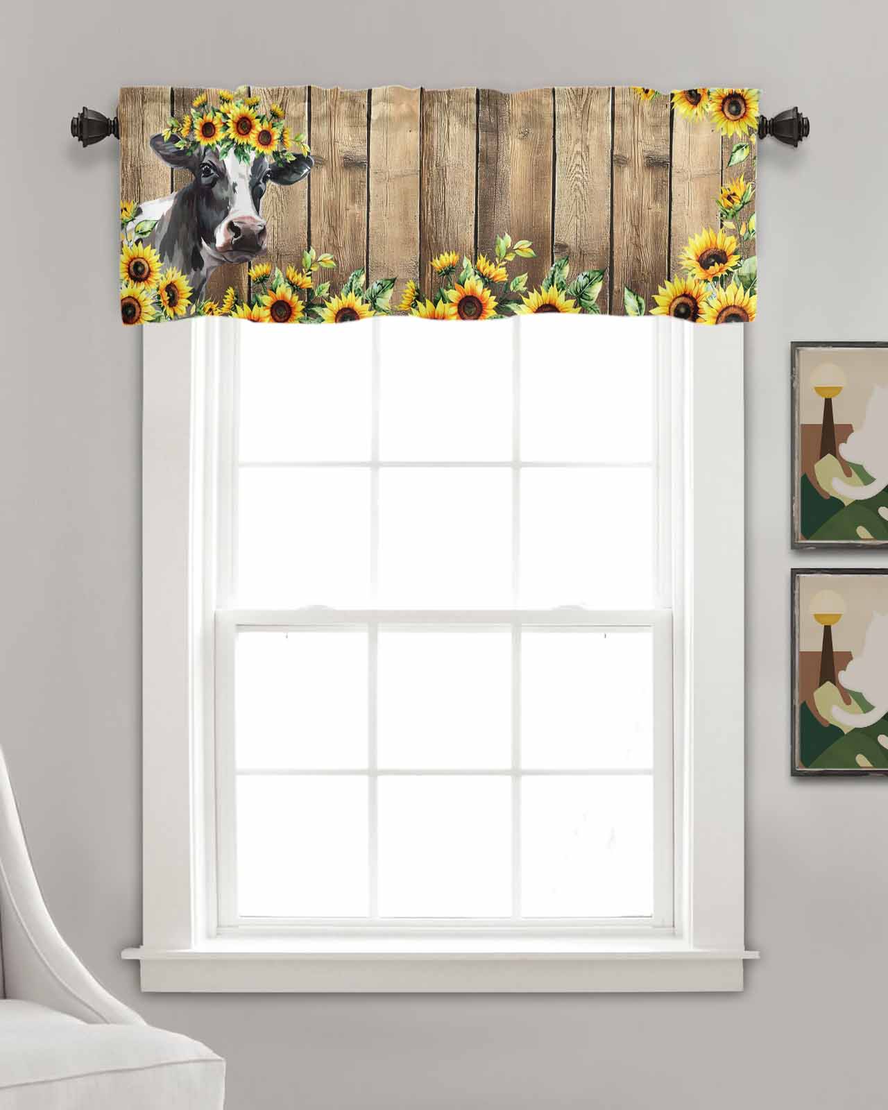Sunflowers Rustic Kitchen Valances for Windows Farmhouse Linen Window Valance Curtain for Living Room Window Treatment Country Cow Farmhouse Wooden Grain Valance Rod Pocket Topper Drape, 42 x 12 Inch