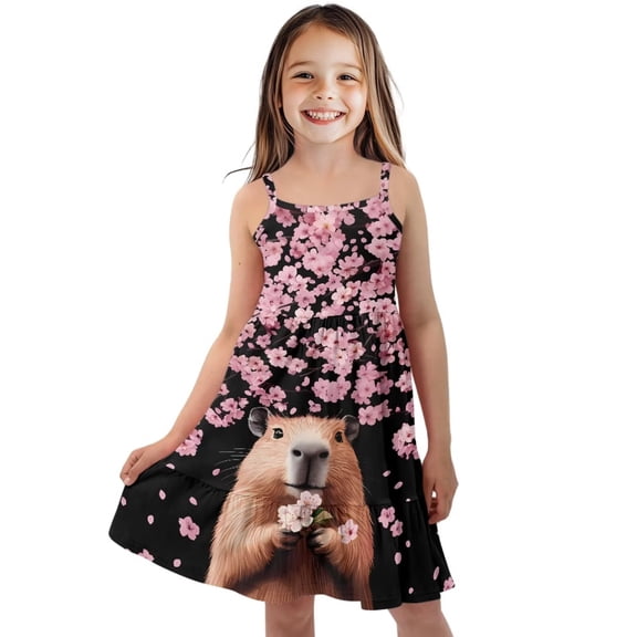 Uourmeti Girls Capybara Dress Causal Sleeveless Swing Boho Dress for Kids Cheery Blossom Summer Spring Sundress A-Line Swing Cami Dresses Size 9-10