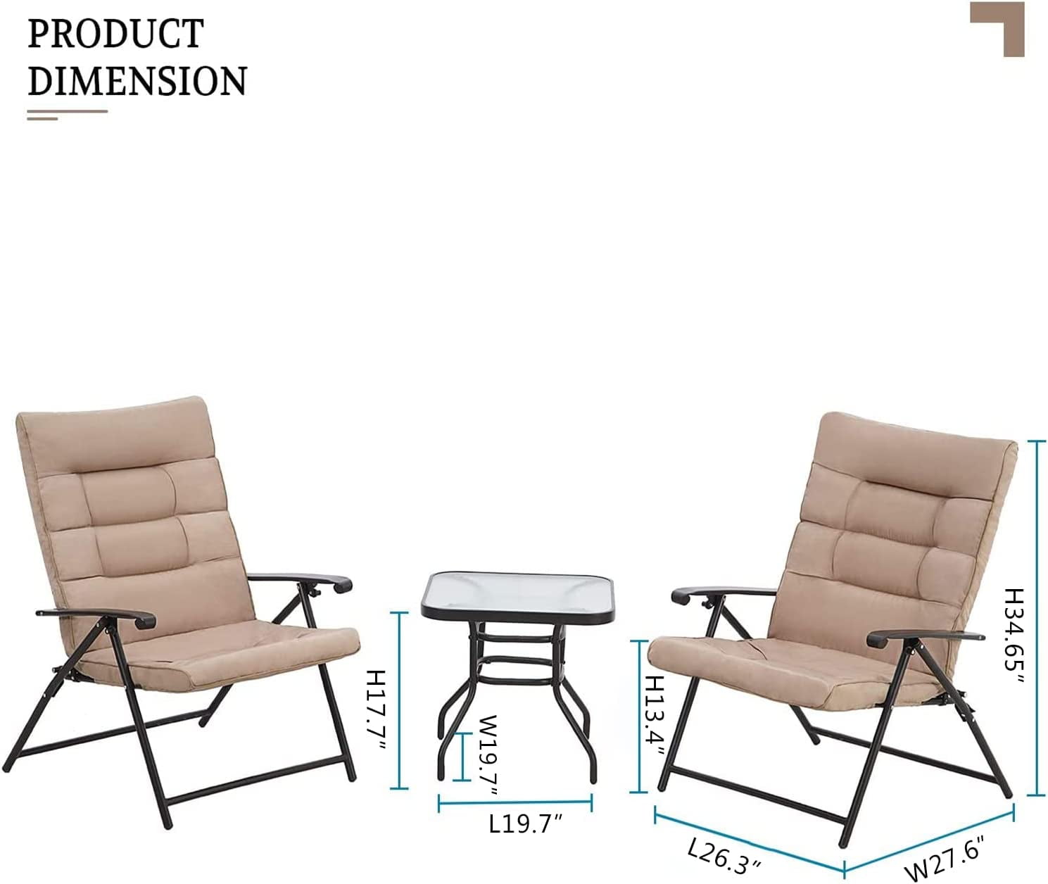 Suncrown Patio Padded Folding 3 Pieces Chair Set for 2 Adjustable Reclining Outdoor Furniture Metal Sling Chair with Coffee Table