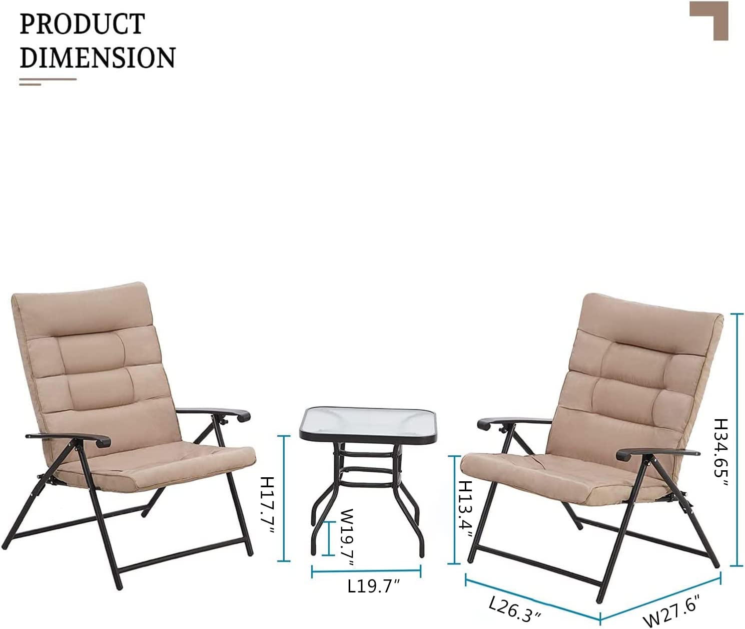 Suncrown Patio Padded Folding 3 Pieces Chair Set for 2 Adjustable Reclining Outdoor Furniture Metal Sling Chair with Coffee Table - image 3 of 6
