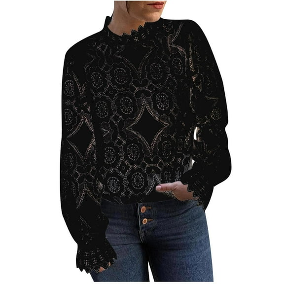 Fesfesfes Sweatshirt for Women Solid Color See-Through Long Sleeve Stand Collar Lace Top Blouse
