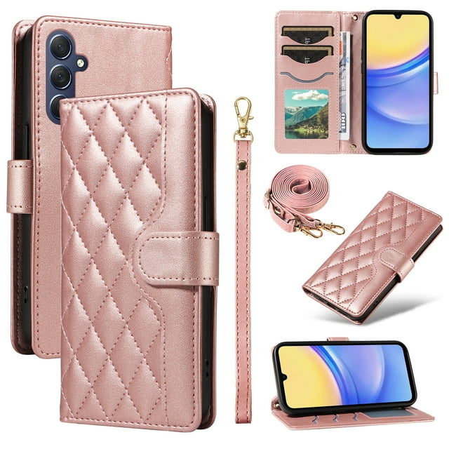 Samsung Galaxy A15 5G/4G Phone Case , Wallet Flip Cover Adjustable Crossbody Lanyard Magnetic Card Slots
