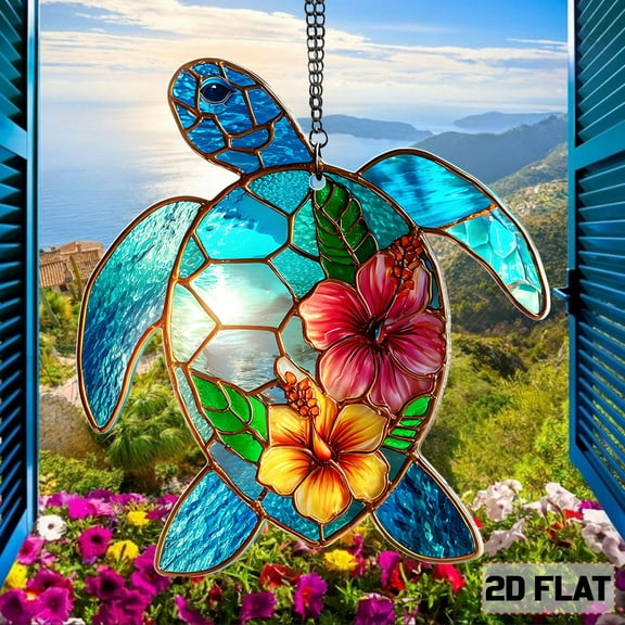 Sea Turtle Acrylic Suncatcher ? Tropical Hibiscus Window Hanging, Coastal Beach Home D‚cor Gift