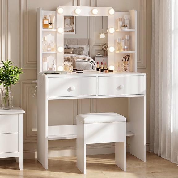 Bexfil Makeup Vanity Desk with Mirror and LED Lights, White Vanity Set with 3 Color Lighting Modes and Large Drawer and 6 Storage Shelves for Bedroom Dressing Room
