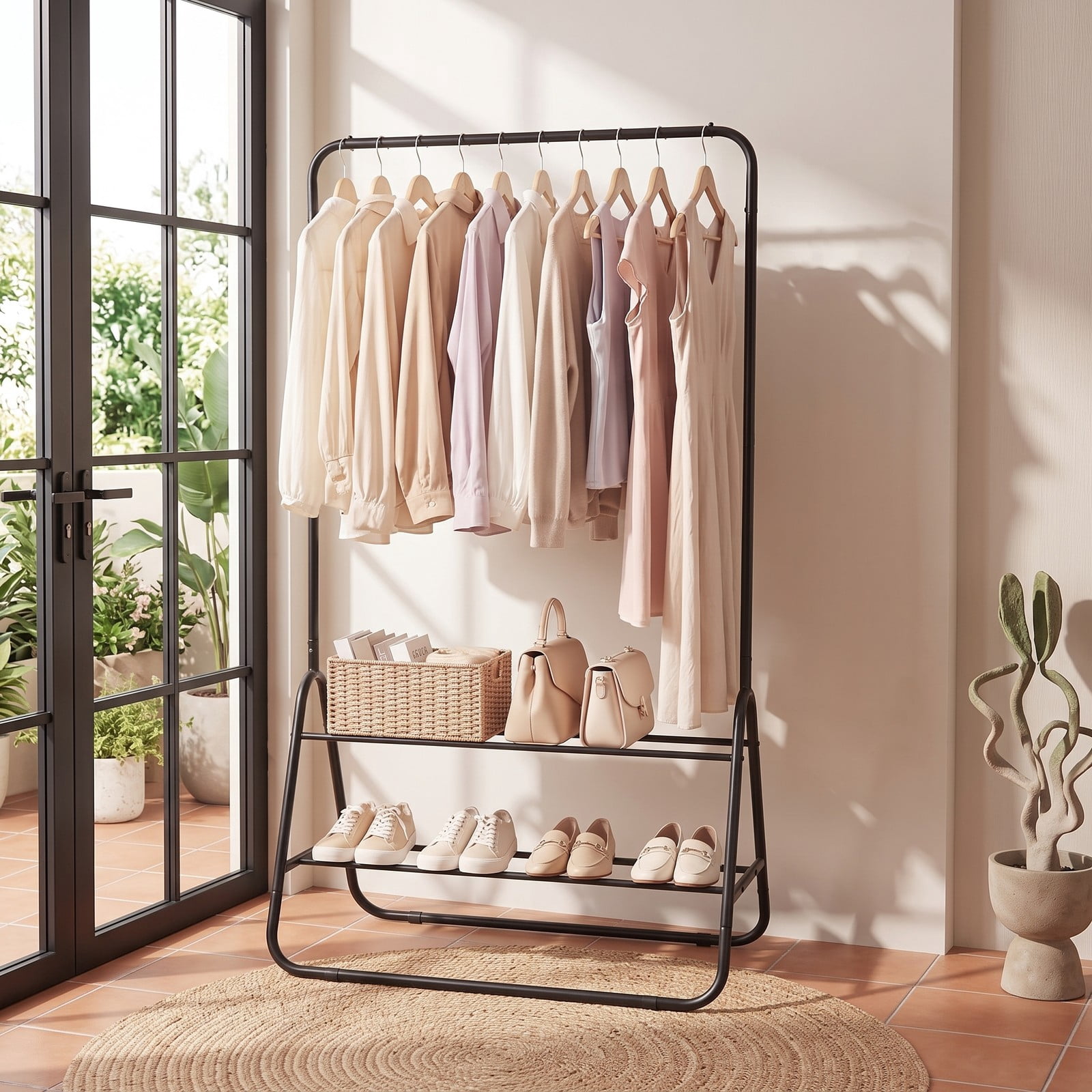 Furnibear Heavy Duty Metal Clothes Rack with Hanging Rod and 2 Storage Shelves for Bedroom Laundry Room and Hallway, Black