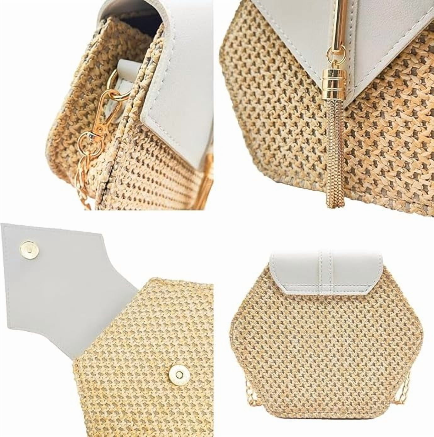 Swadeshi Desire Crossbody Straw Bags Hexagon Shape Shoulder Sling Bag Handbags with Tassel for Women Girl's(White)