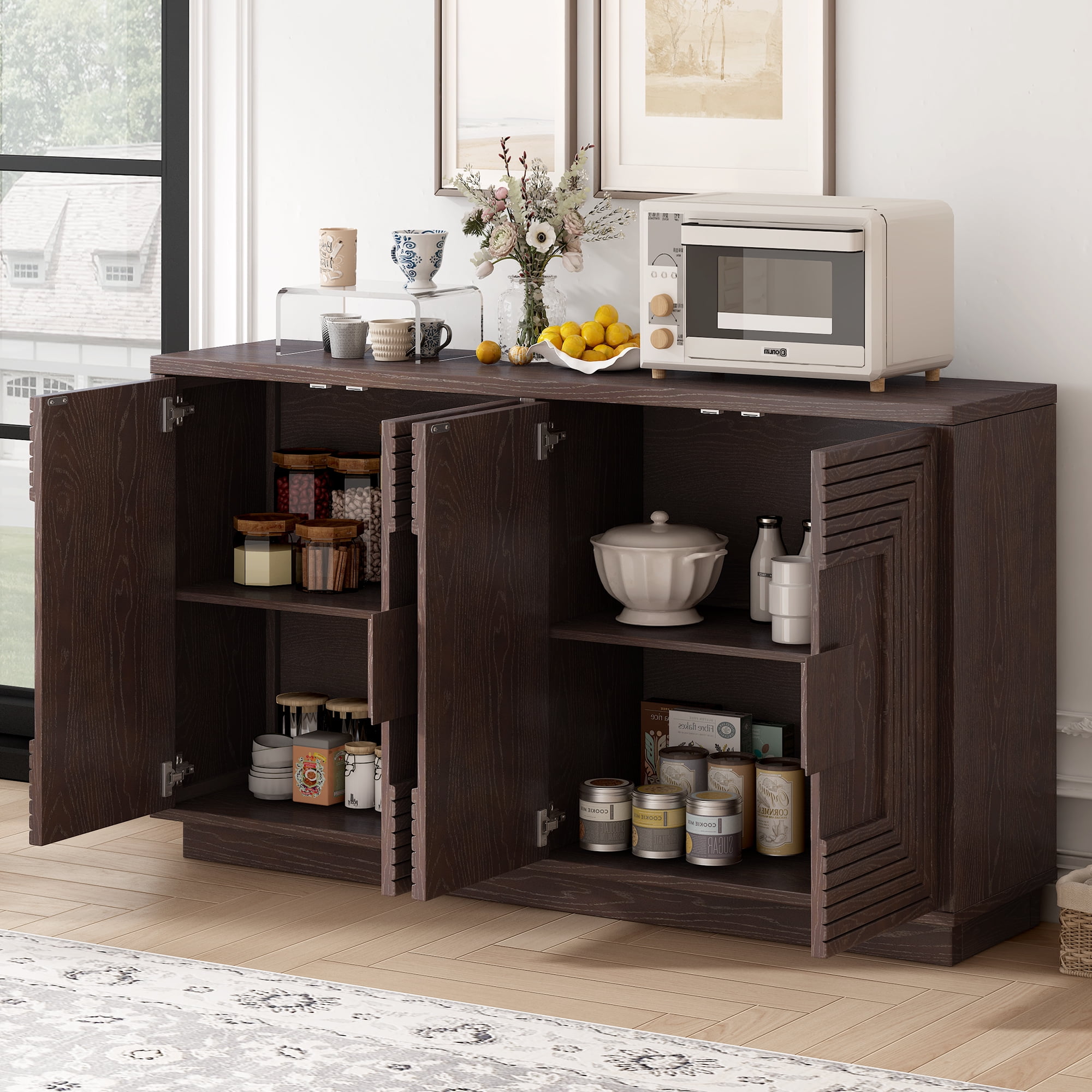 MAYEERTY 4-Door Vintage Fluted Buffet Cabinet with Adjustable Shelves for Dining Room, Kitchen, Living Room, Espresso
