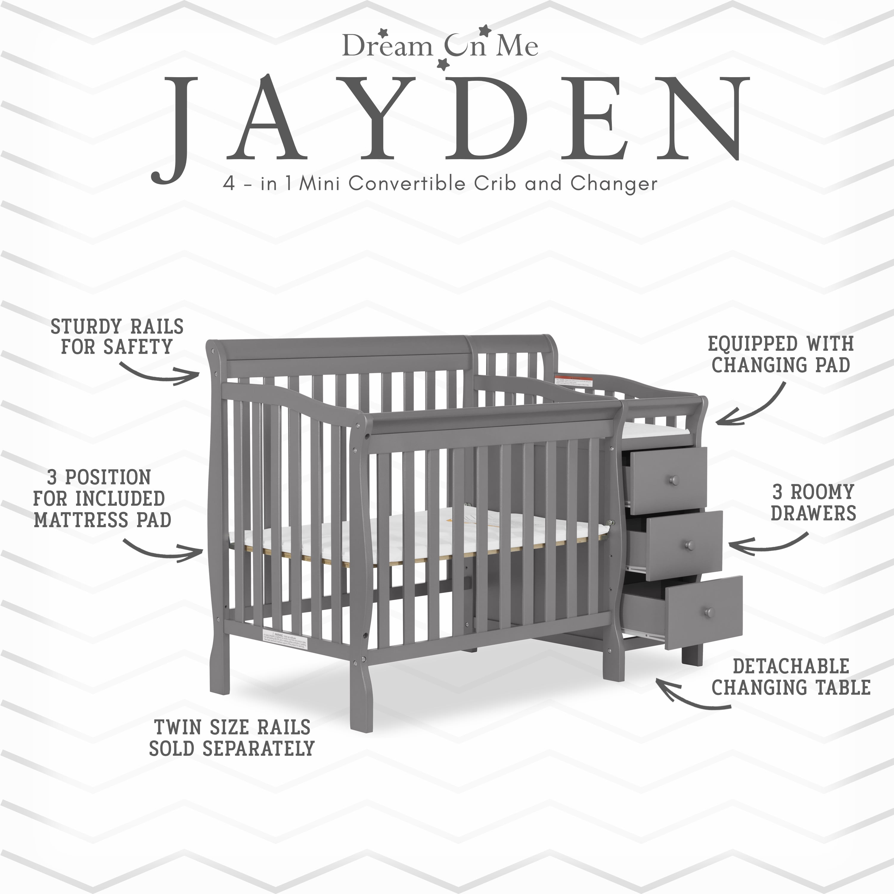 Dream On Me Jayden 4 in 1 Mini Crib and Changer Convertible Storm Grey with Safety Rails and Mattress Support Walmart