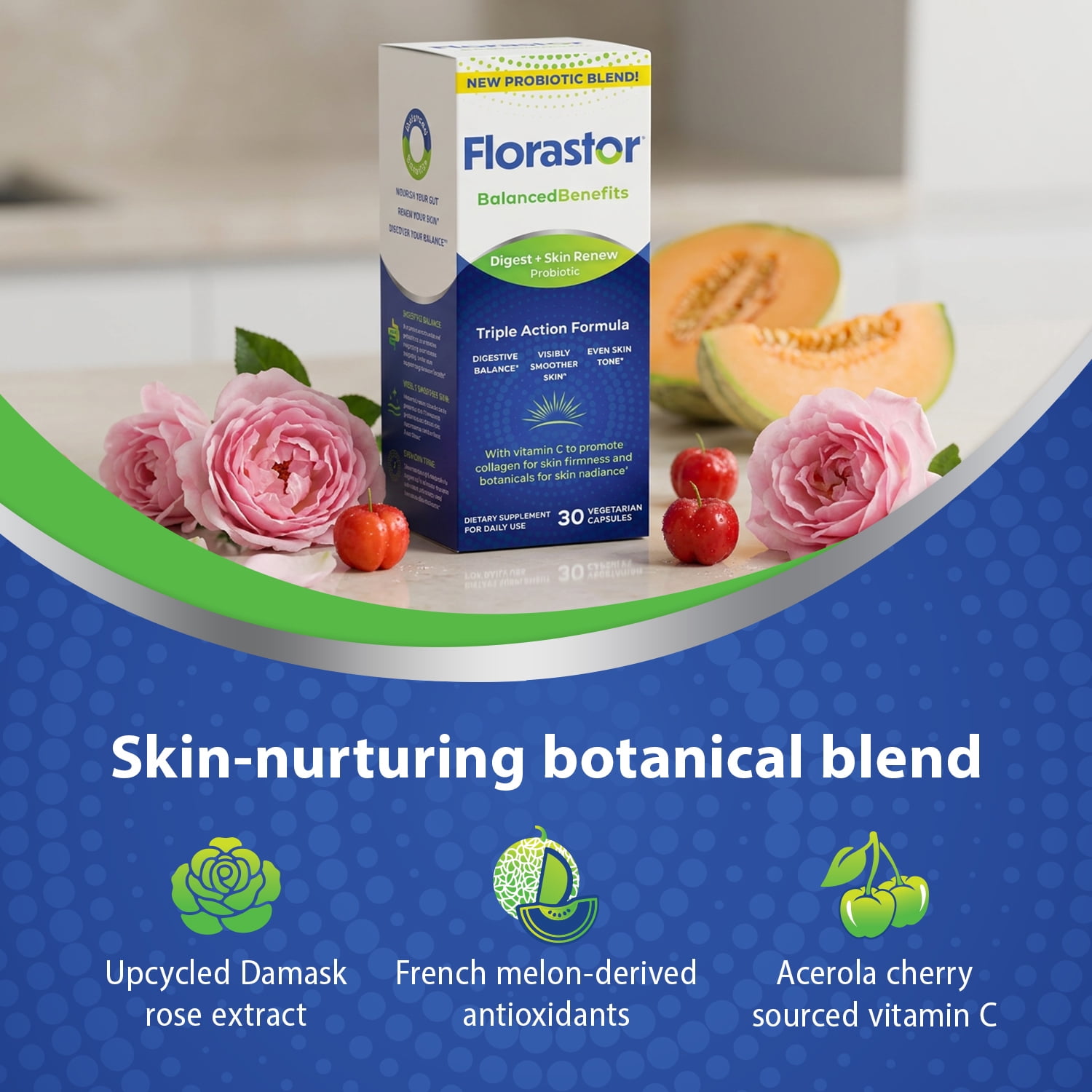 Florastor BalancedBenefits Digest + Skin Renew Probiotic Capsules, 30 Count