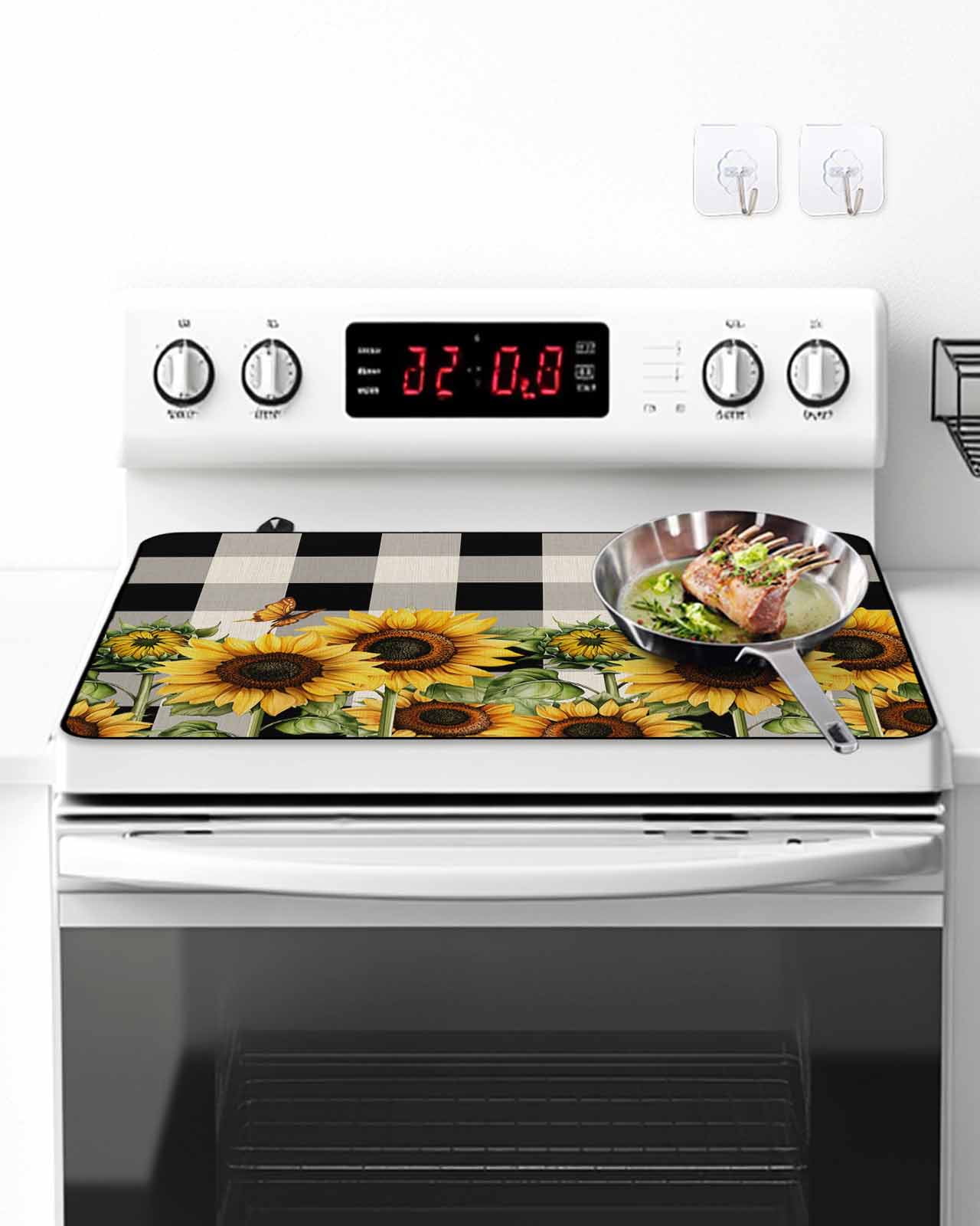 Stove Top Covers for Electric Stove, Sunflower Checkered Glass Stovetop Cover Protector, Black Buffalo Plaid Pastoral Flowers Induction Cooktop Protector Oven Mat for Kitchen Countertop 24"x21"